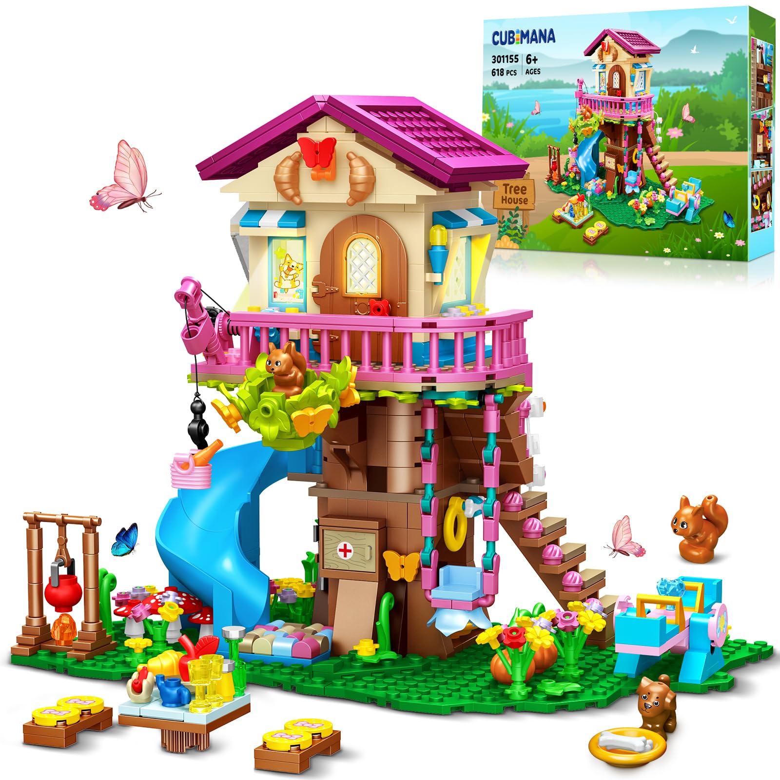 CUBIMANA Treehouse Building Toys with LED Light - 618 Piece Tree House Building Set, 3-Storey Up House with Slide & Stickers, Ages 6-12