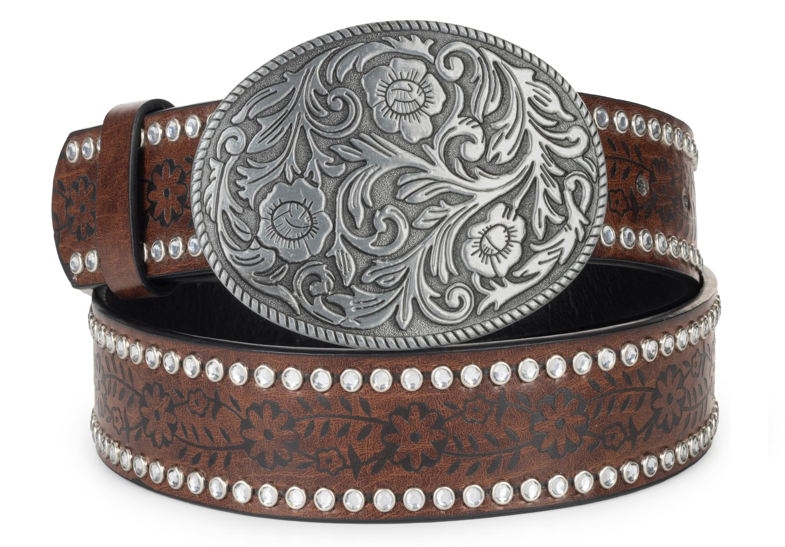 Photo 1 of CaySep Western-Cowboy-Leather-Belts for Women Rhinestone-Oval-Buckle Embossed Cowgirl Belt for Jeans Pants
