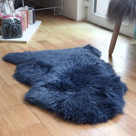 Navy Blue Sheepskin Rug Genuine Extra Thick and Soft Wool by
