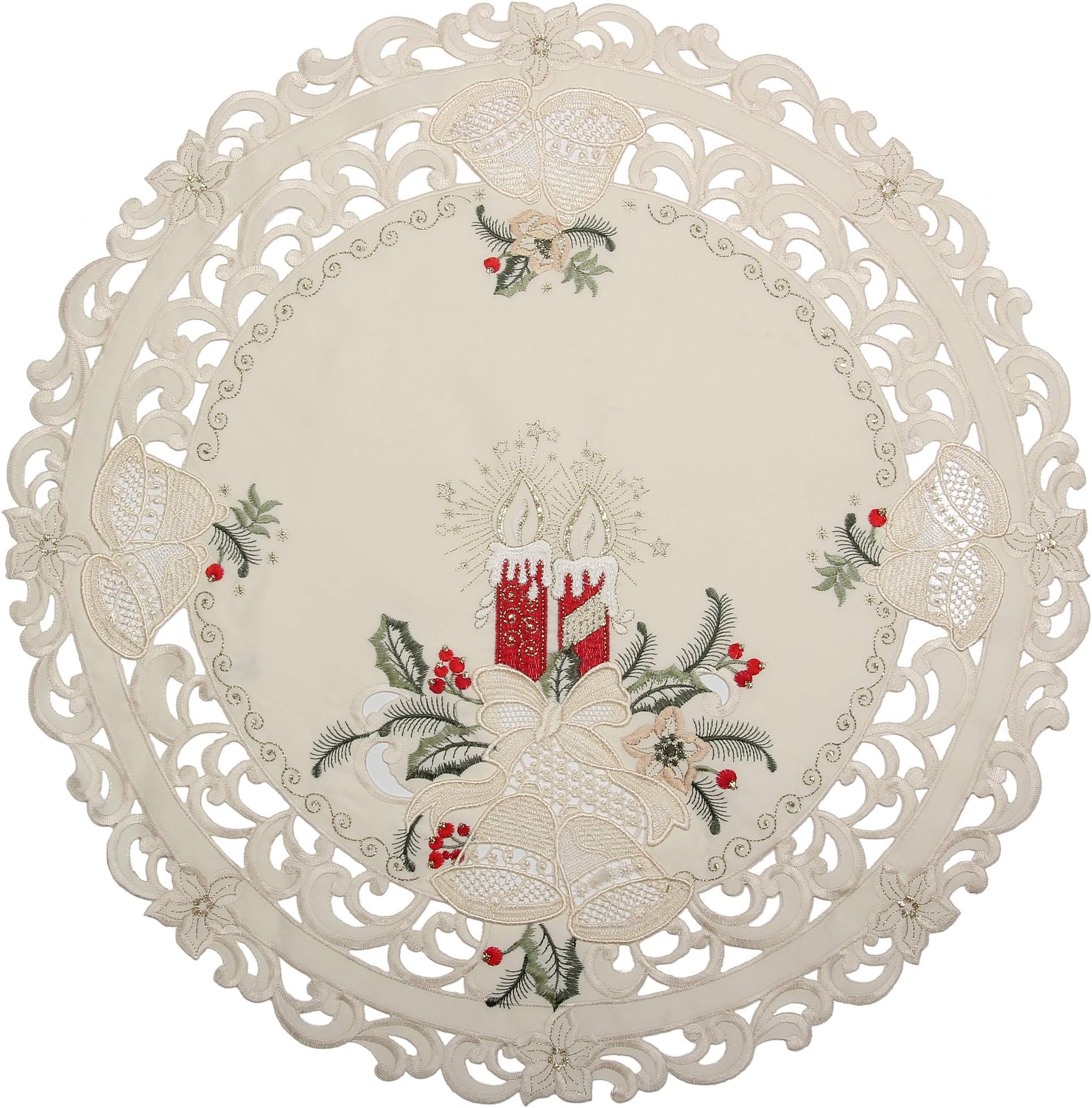 Quinnyshop Christmas Embroidred with Lace Bells and Red Candles Round 23-Inch /60 cm Polyester Table Toppers, Cream Ivory