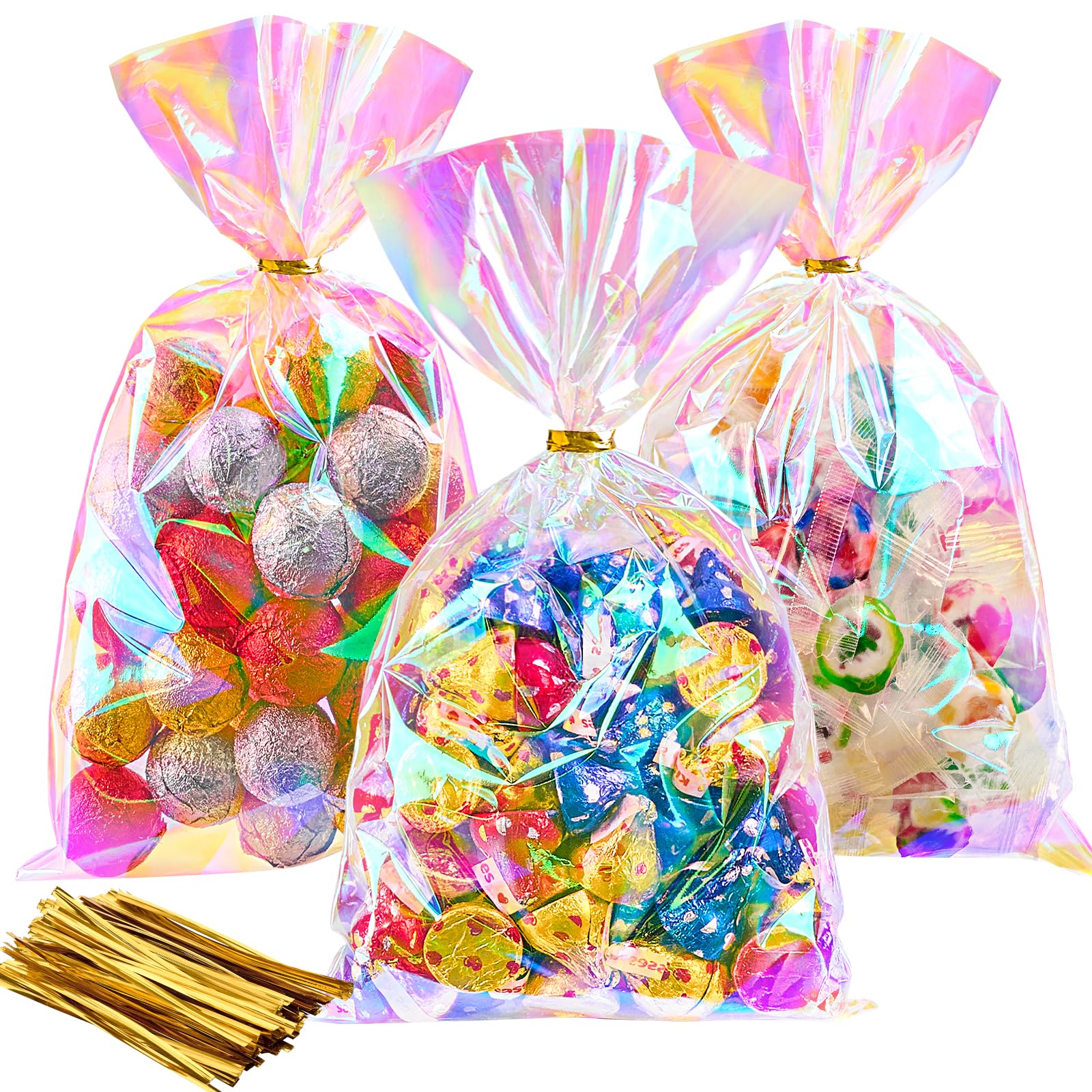 Photo 1 of Ohuimrt 100 PCS Iridescent Cellophane Treat Bags, 6 x 10 Inches Holographic Plastic Goodie Bags with Ties for Party Favors, Candies, Cookies, Snacks, Small Gifts