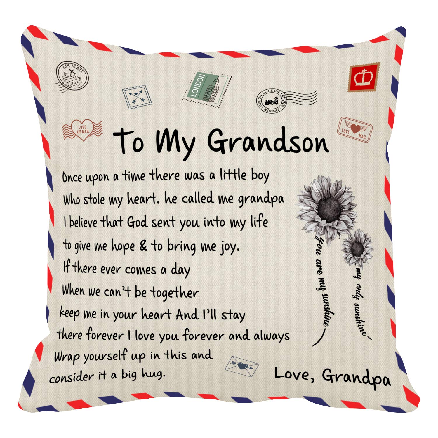 Kenon Personalized Pillow Covers to My Grandson Gift Form Grandpa Chrismas Birthday Soft Solid Decorative Square Throw Pillow Covers Set Cushion Case for Sofa Bedroom Car