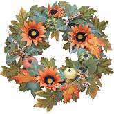 Fall Wreaths for Front Door 22-24in Harvest Autumn Wreath with Sunflowers | Artificial Fall Wreaths with Pumpkin, Berries, Maple Leaves for Indoor Outdoor Thanksgiving Halloween Seasonal Decor