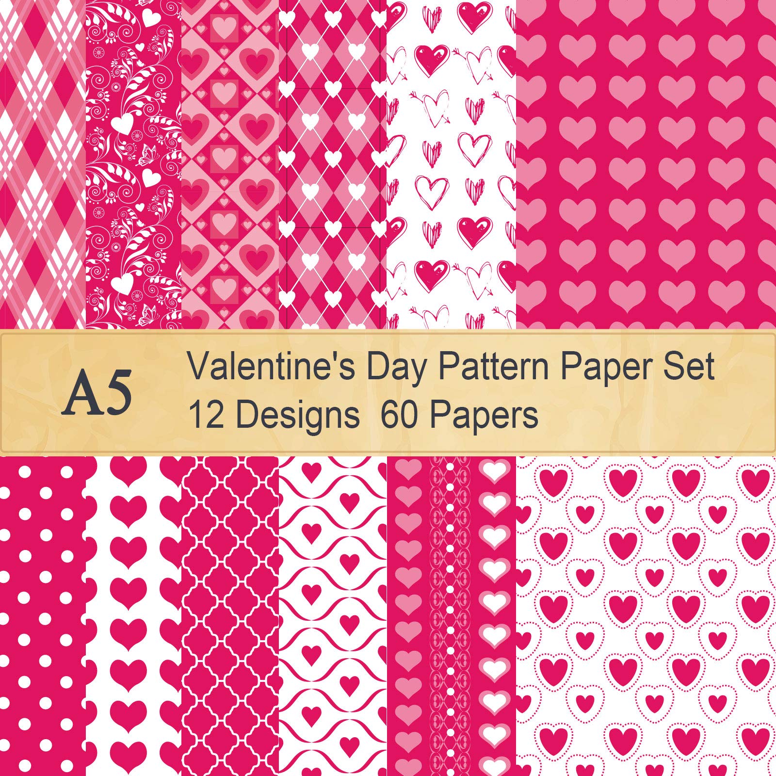 Whaline 60 Sheet Valentine Pattern Paper Set Double-Sided Decorative Paper 5.5 x 8.3" Rose Red Heart Lip Stripe Pattern Premium Specialty Paper Origami Scrapbook Paper for Card Making Die Cuts Gift