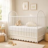 Hahafelt 28 x 52 Inch Beige Scalloped Crib Skirt, 14 Inch Drop | 4-sided Plain Dust Ruffle with Full Coverage Soft Breathable Fabric, Crib Bed Skirt for Baby Girl Nursery, Fits Standard Crib