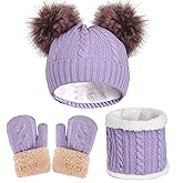 Kids Winter Hat Gloves Scarf Set, Knit Beanie with Pompom for Girls Boys Neck Warmer Thick Fleece Lining Thermal 2-10 Toddler