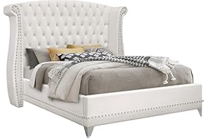 Coaster Home Furnishings Barzini Modern Classic 5-Piece Bedroom Set Velvet Upholstered Eastern King Size Wingback Bed Frame 63-inch Headboard White 300843KE-S5