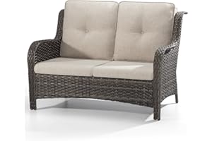 Joyside Outdoor Patio Wicker Loveseat Sofa - 2-Seater Rattan Sofa for Outside Patio Garden with Deep Seating and Olefin Cushions(Mixed Grey/Beige)