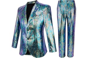 Nawgut Sequin Blazer Metallic Slim Suit 2 Piece Set Disco Prom Shiny Outfit Wedding Party Banquet Fashion Jacket Pant
