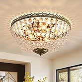 KAIQI 5 Lights French Empire K9 Crystal Antique Brass Flush Mount Ceiling Light Fixture Crystal Chandelier Lighting for Dinin