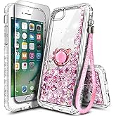 NGB Designed for iPhone SE (3rd 2022 & 2nd Gen 2020)/iPhone 8/7/6/6S Case, Rose Gold | Glitter Liquid Cute Cover for Women Girls Kids | with Tempered Glass Screen Protector & Ring Holder-Wrist Strap
