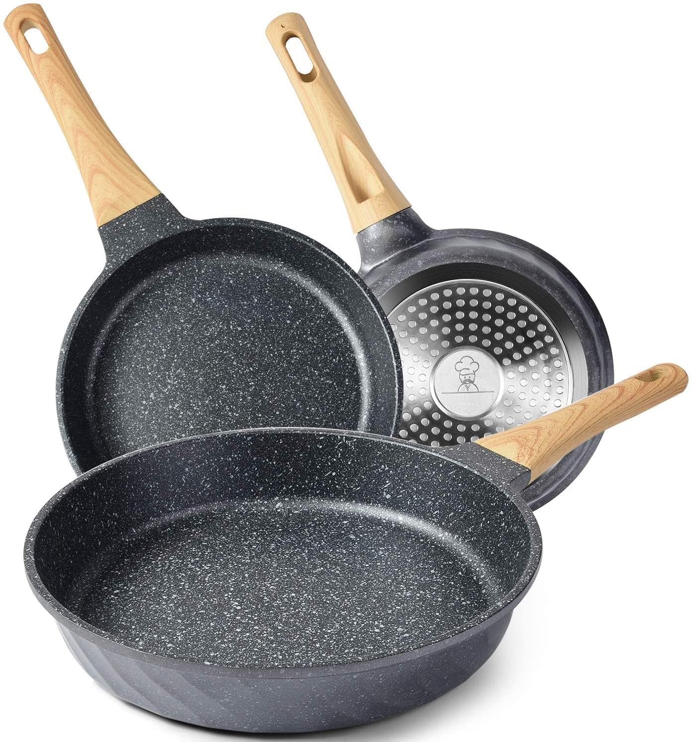 RIOVARM Non Stick Frying Pan Set for Induction Hob, Non Toxic Frying Pans 20cm 24cm 28cm, Skillet Pans, Small Egg Pan, Omelette Pan, Cooking Pans with Granite Coating, PFOA Free Cookware Set
