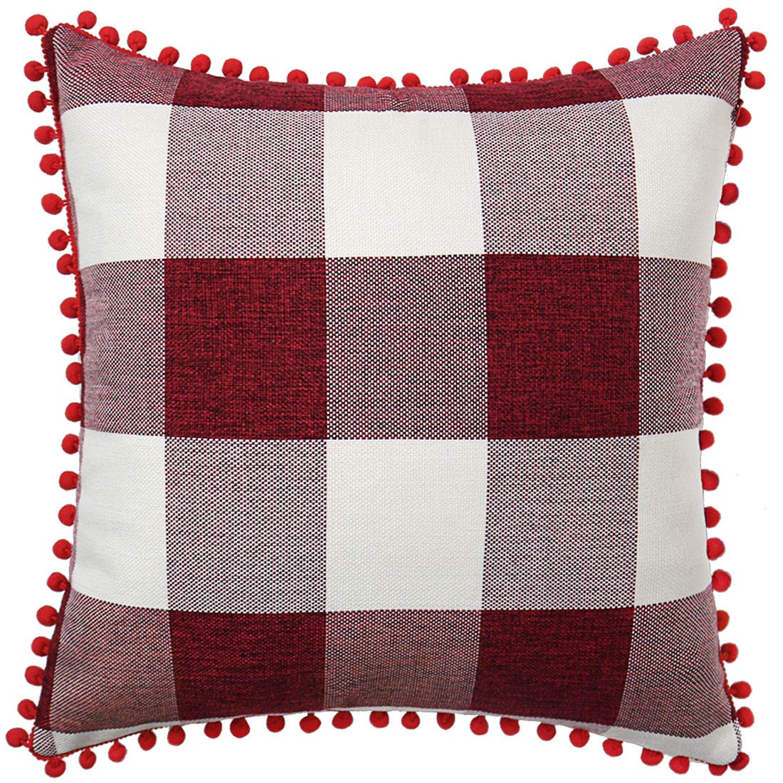 PiccoCasa 1 Pcs Buffalo Check Plaid Throw Pillow Cover with Pom Poms, 45 x 45cm, Retro Farmhouse Decorative Cushion Cover for Sofa Couch Bed Home Decor, Burgundy Beige Red