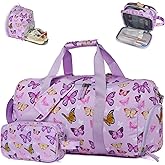 Vipdeal Girls Duffle Bag for Travel, Kids Duffle Bag Large Weekender Overnight Bags with Kids Toiletry Bag Set Shoe Compartment Carry on, Butterfly Purple