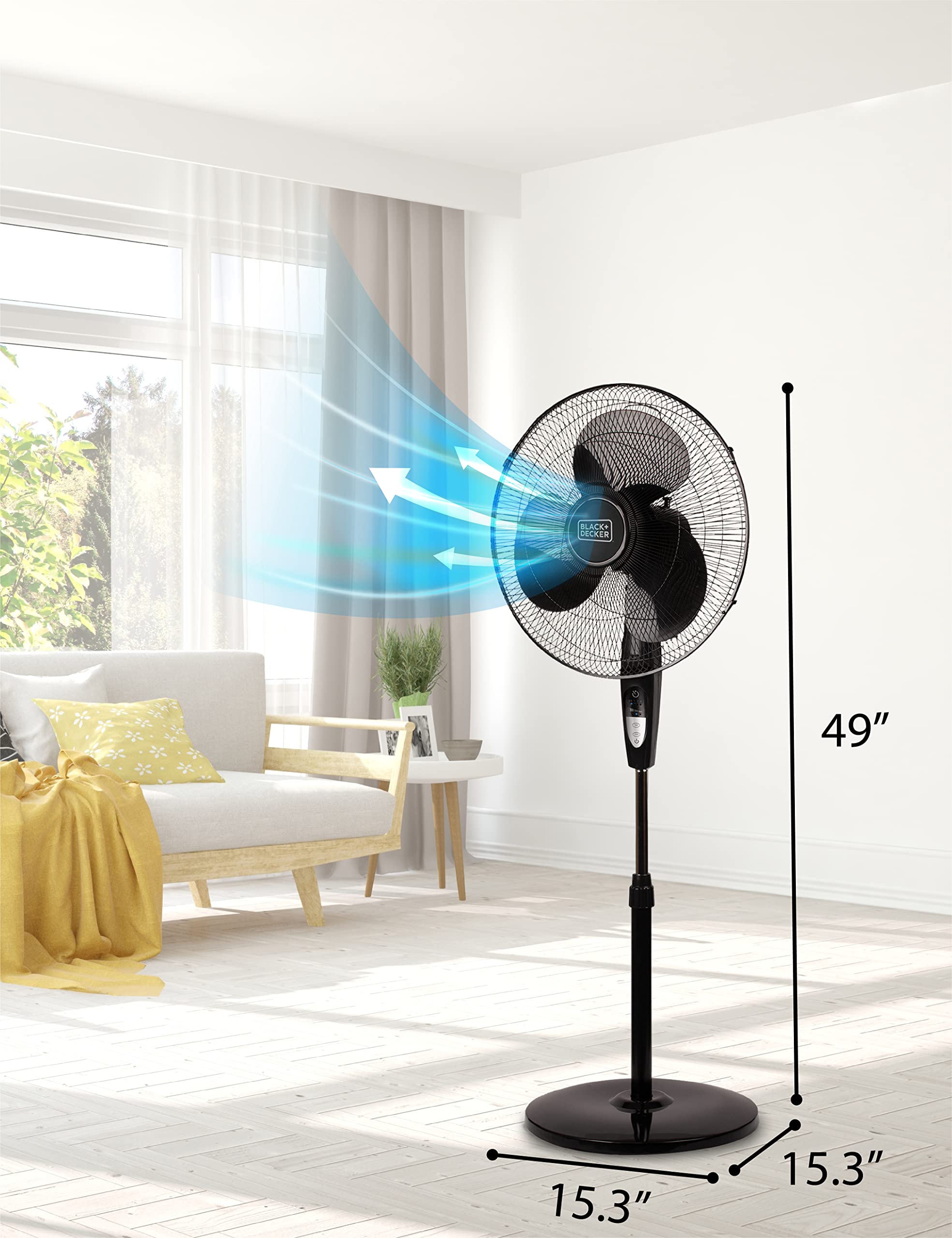 BLACK+DECKER 16 Inches Stand Fan with Pedestal Base, Height Adjustable Pedestal Fan with Remote and Touch Control Panel, Free Standing Fan with 90-Degree Oscillating and 3-Speed Settings, Black