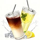 2 Packs Ribbed Glass Tumbler with Lid and Straw 16 oz Cute Ice Coffee Cup Set for Smoothie Juice Matcha Tea Latte Cappuccino Espresso Hot Coffe Water Reusable Clear Travel Mug Aesthetic Drinking Mug