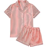 OPOIPIN Women's Striped Pajamas Set Button Down Short Sleeve Shirt 2 Piece Sleepwear with Shorts Red Medium