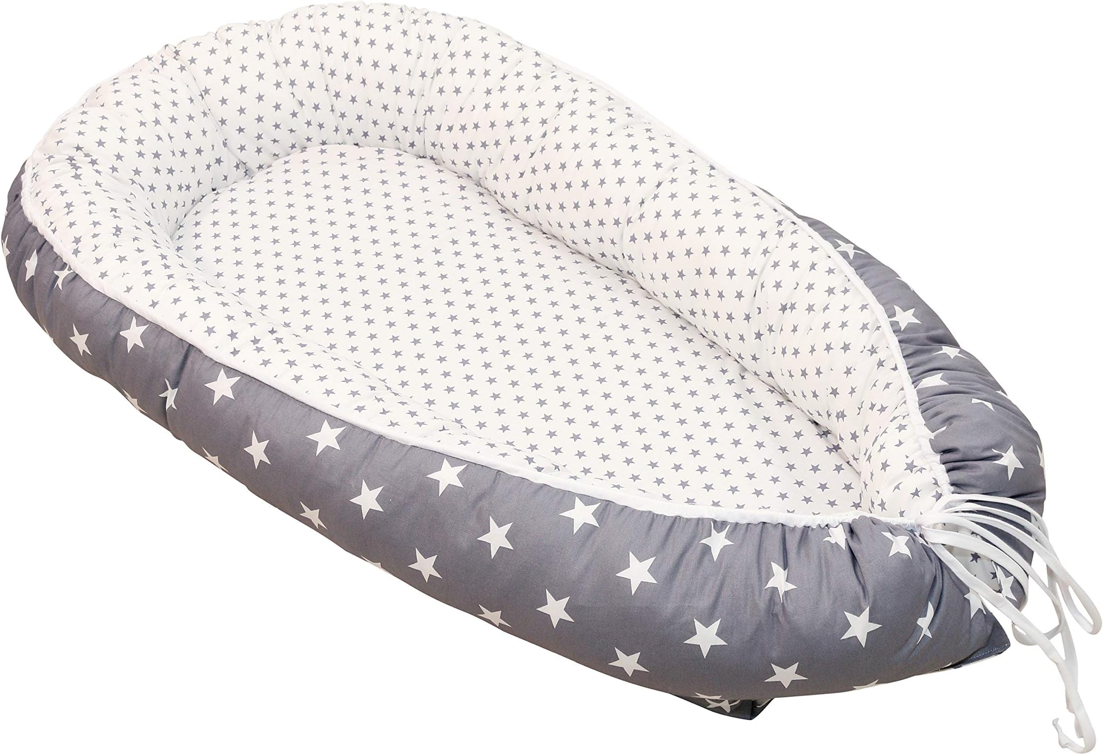 Soft Cotton Baby Lounger by ULLENBOOM | Large Stars | Newborn Snuggle Nest | 22” x 37” - Unisex White/Grey