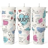 SANDJEST Nurse Tumbler with Handle 40oz, Coffee Travel Mug with Straw, Inspiration Gifts for Women Female Nurses, Nursing Gift for Birthday Christmas Nurse Week