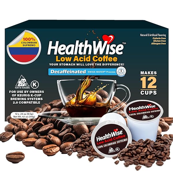 HEALTHWISE LOW ACID UNFLAVORED DECAF, CHEMICAL FREE SW PROCESS, 99.9% CAFFEINE FREE, MEDIUM ROAST – 12 COUNT (PACK OF 1)