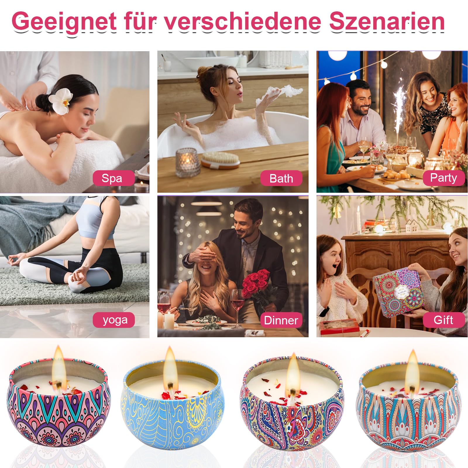 ALLAVA 4 Stück Duftkerzen Geschenkset, Natürliches Sojawachs Duftkerzen Set, Kerzenset zum Stressabbau, Duftkerze für Weihnachten, Geburtstag, Valentinstag, Aromatherapie, Hochzeiten (A) 6