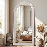 Antok Floor Mirror, Wood Full Length Mirror Wooden Full Body Mirror with Stand, Hanging Mounted for Living Room Cloakroom, 71"×32", White, Arched Style