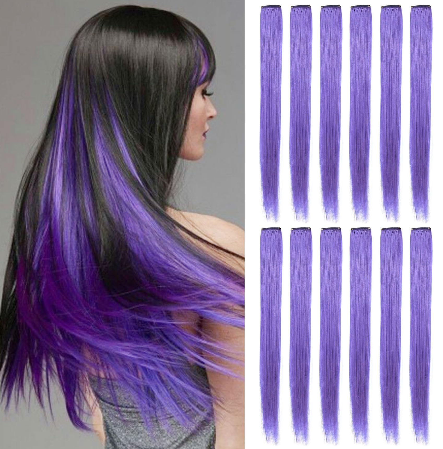 Fcysws 12Pcs Lavender Hair Extensions Clip in Girls,21 Inch Heat-Resistant Synthetic Straight Blue purple Hair Extensions for Women Girls Gift Party Highlights Hairpiece (Lavender)