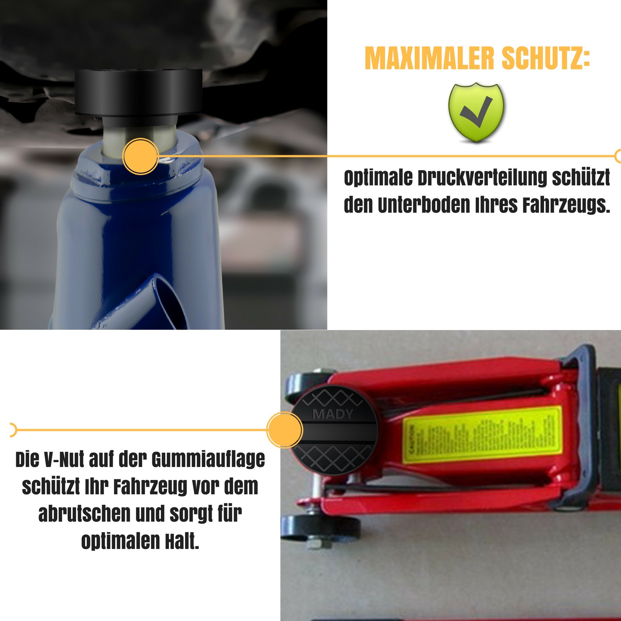 Wagenheber Gummiauflage von MADY - Verbesserte Bruchsichere Auflage für Rangierwagenheber - Kompatibel mit allen gängigen Rangier-Wagenhebern, Hebebühnen & Fahrzeugrahmen - Gummi Auflage-Wagenheber für PKW und SUV (mit Aufnahme)