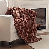 LAST MODA Chunky Knit Blanket Throw, 100% Hand Knit Throw Blanket Handmade Chenille Cable Knit Throw for Couch, Stylish Cozy Soft Rope Knot Crochet Blanket for Home Decor, Copper Brown, 50x60 Inches