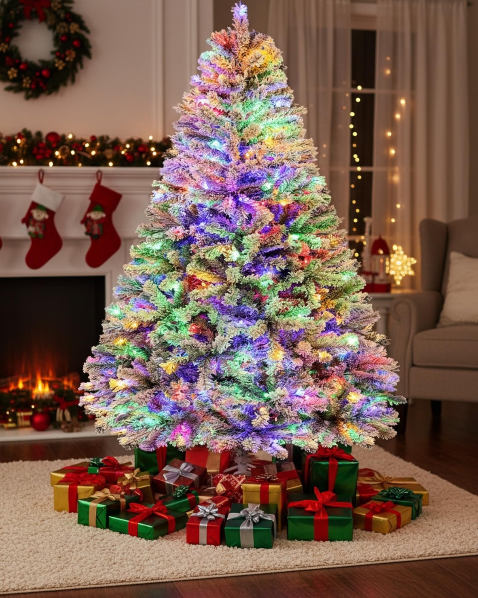180cm Künstlicher Weihnachtsbaum mit Schnee & 250 RGB LED Beleuchtung,1000 Spitzen, Naturgetreu Tannenbaum mit Klappsystem & Metallständer, Schnellaufbau Christbaum für Weihnachtsdeko,Weiß