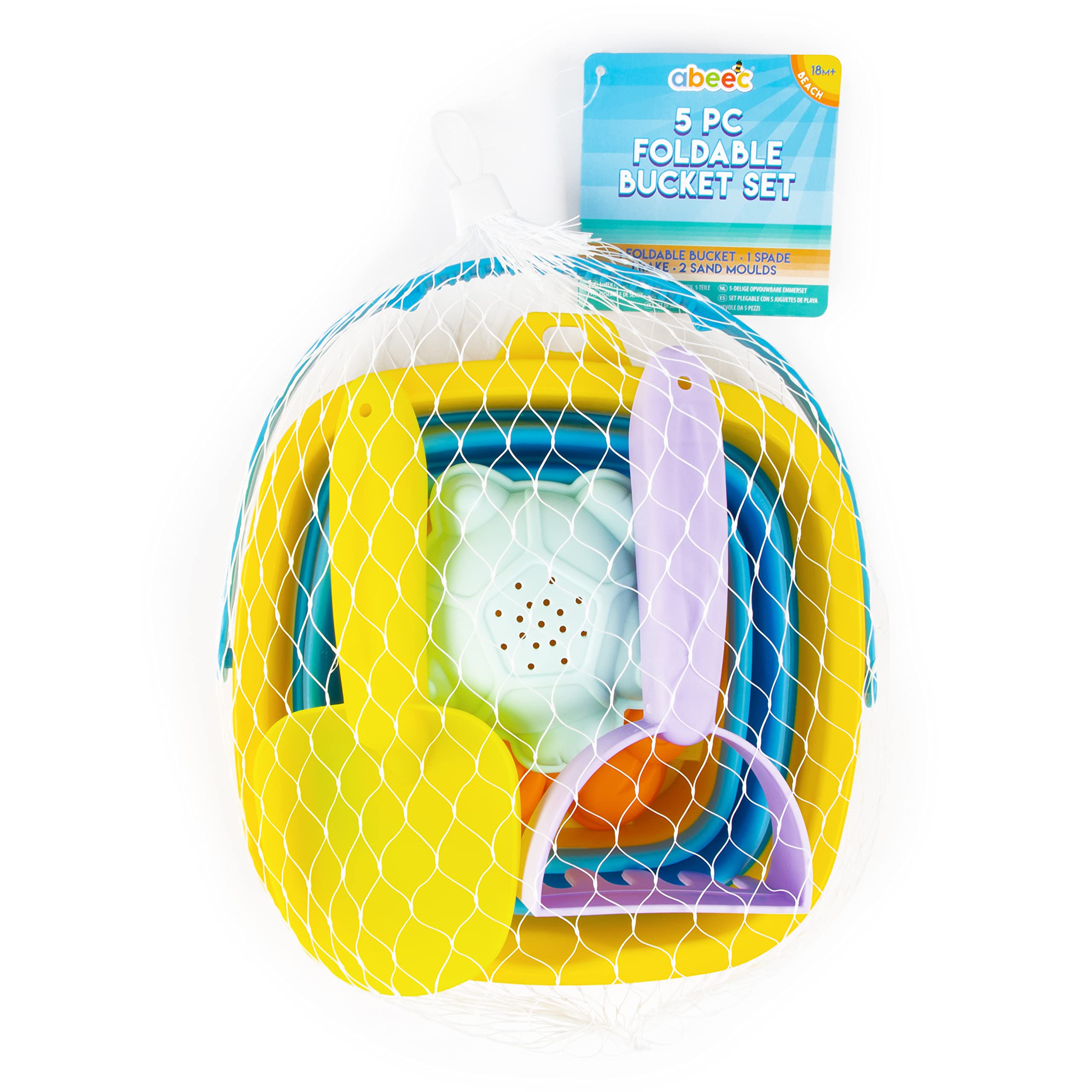 abeec 5 Piece Foldable Beach Bucket Set – Collapsible Sand Bucket & Sandpit Toys – Ideal Beach, Outdoor, Water, and Sand Toys for Kids