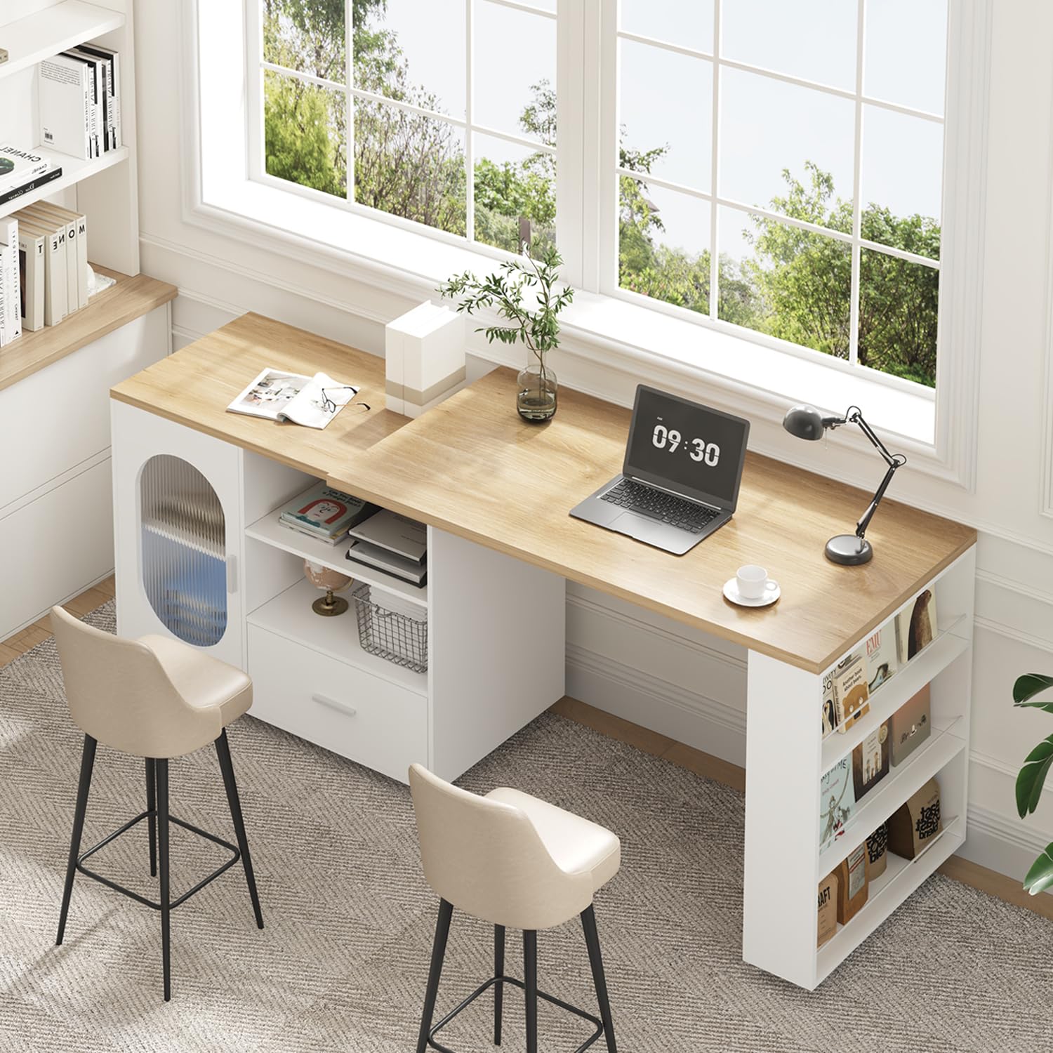 IBF Kücheninsel Freistehend mit Arbeitsplatte Auf 7 Rollen Küchenschrank Küchenwagen Moderne Mobile Kücheninsel Mit 360 Grad Drehbarer Holzplatte und Schublade Für Esszimmer Weiß 184 cm 9
