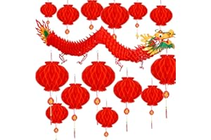Bememo 21 Pieces Chinese New Year Dragon and Chinese Red Lanterns Decoration for Chinese Spring Festival New Year Wedding
