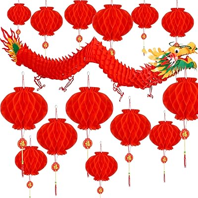 Bememo 21 Pieces Chinese New Year Dragon and Chinese Red Lanterns Decoration for Chinese Spring Festival New Year Wedding