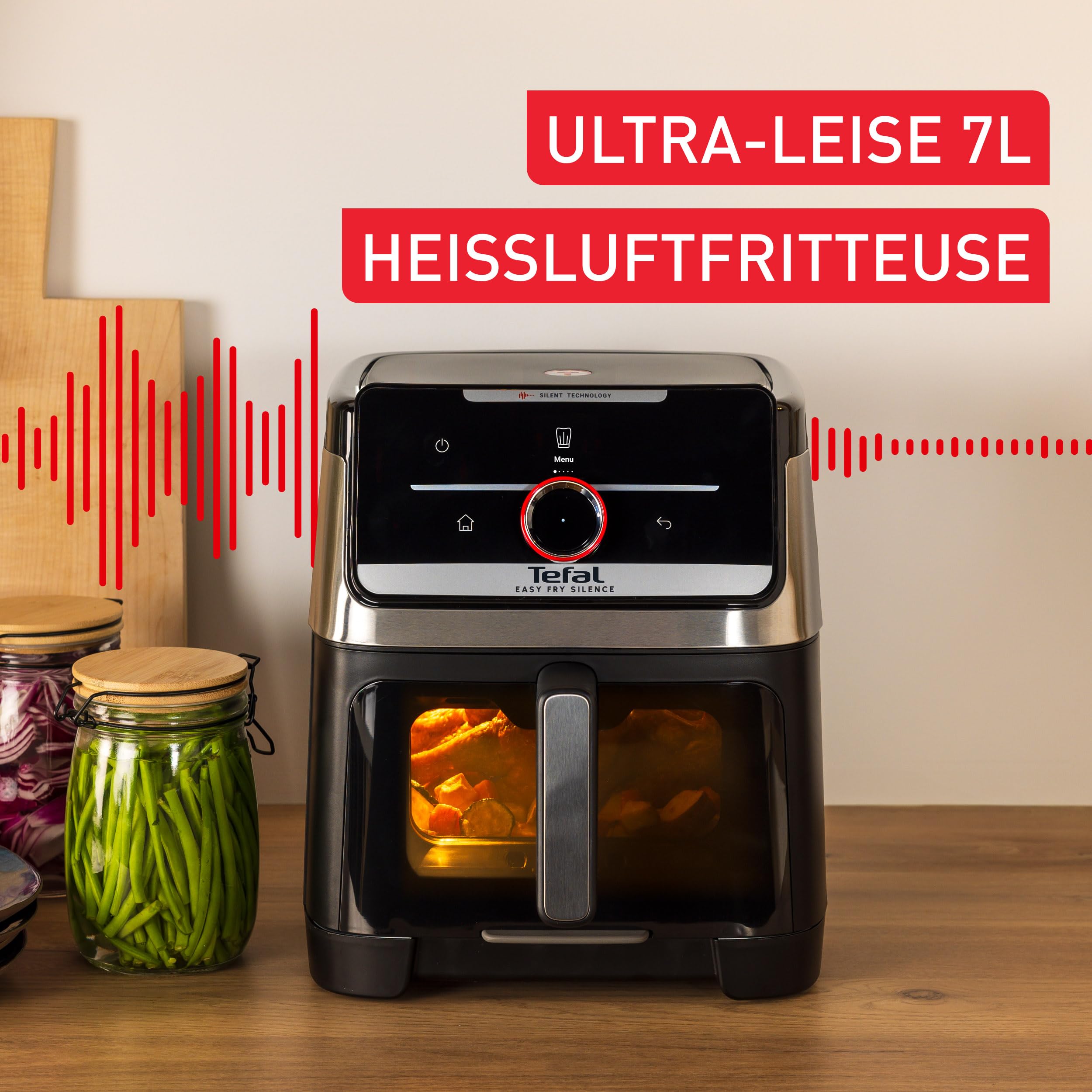 Tefal Easy Fry Silence Heißluftfritteuse, 7 L Fassungsvermögen, Silent-Technologie, Smart Assist System, bis zu 8 Portionen, abnehmbare Front mit Sichtfenster, Schwarz, EY876DE0 3