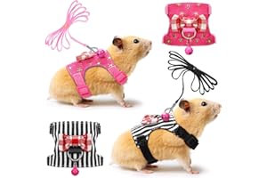 SATINIOR 2 Pieces Small Hamster Harness and Leash Set, Ferret Guinea Pig Clothes with Bowknot and Bell Decor, No Pulling Comfort Padded Vest Striped for Rats Bunny Rabbit Small Animals(S,Black, Pink)
