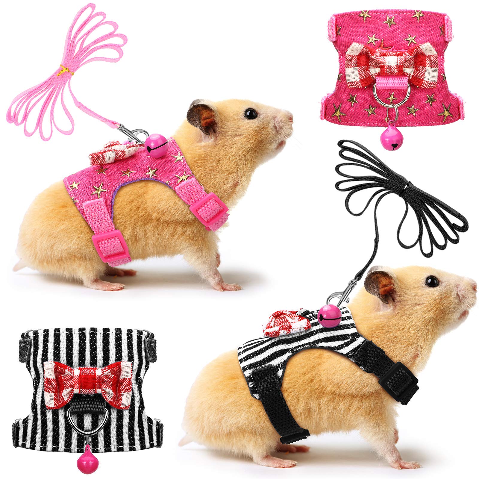Photo 1 of SATINIOR 2 Pieces Small Hamster Harness and Leash Set, Ferret Guinea Pig Clothes with Bowknot and Bell Decor, No Pulling Comfort Padded Vest Striped for Rats Bunny Rabbit Small Animals(S,Black, Pink)