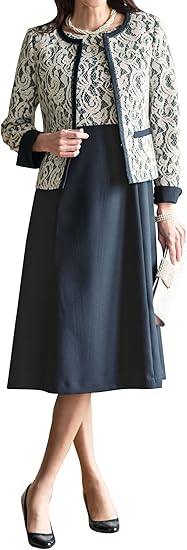 Amazon ベルーナ Belluna スーツ レディース 2点セット ノーカラー ジャケット ワンピース アンサンブル ボンディングレース 配色使い パーティ フォーマル 礼服 ワンピーススーツ 通販
