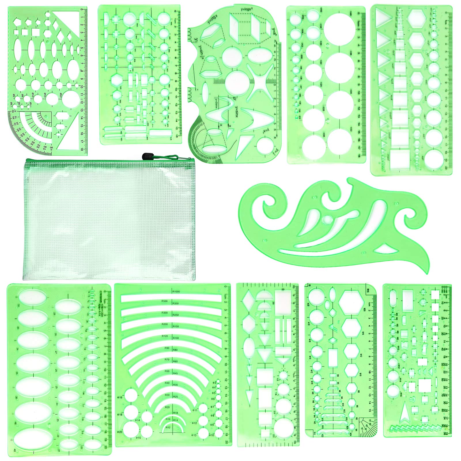 Kuppt 11 Pieces Drawing Templates Set, Plastic Drawing Stencils with Storage Bag for School, Office, Architecture, Building