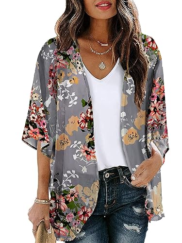 Chunoy Women Floral Lightweight Chiffon Kimono Cardigan Loose