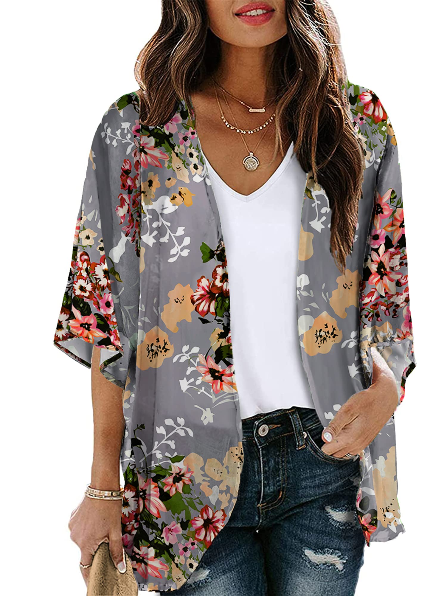 Photo 1 of Chunoy Women Floral Lightweight Chiffon Kimono Cardigan Loose Short Sleeve Shawl Beach Wear Cover Up Grey Medium