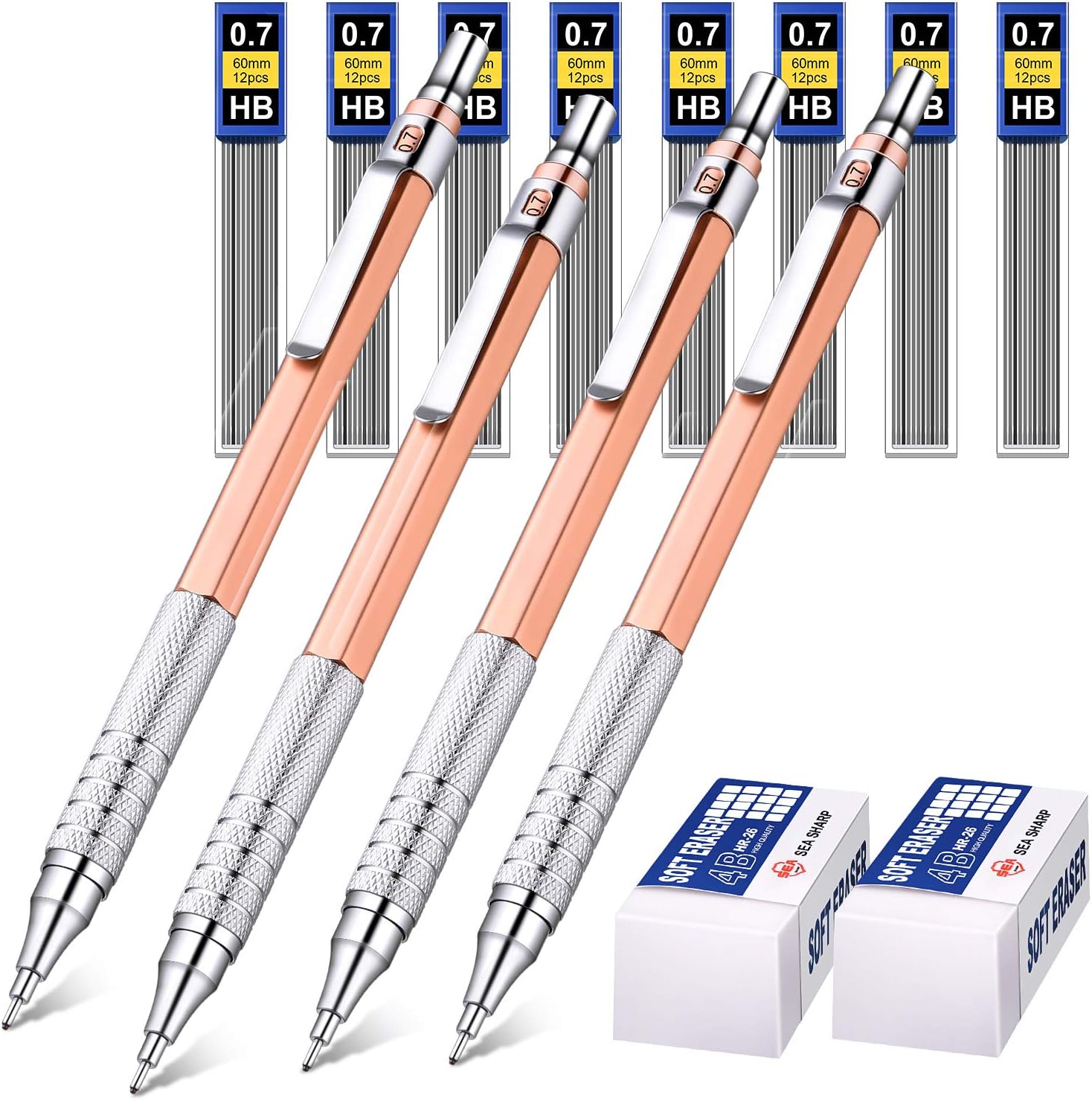 Mechanical Pencils Set, 4 Pieces Automatic Metal Mechanical Pencils, 8 Pieces HB Pencil Leads