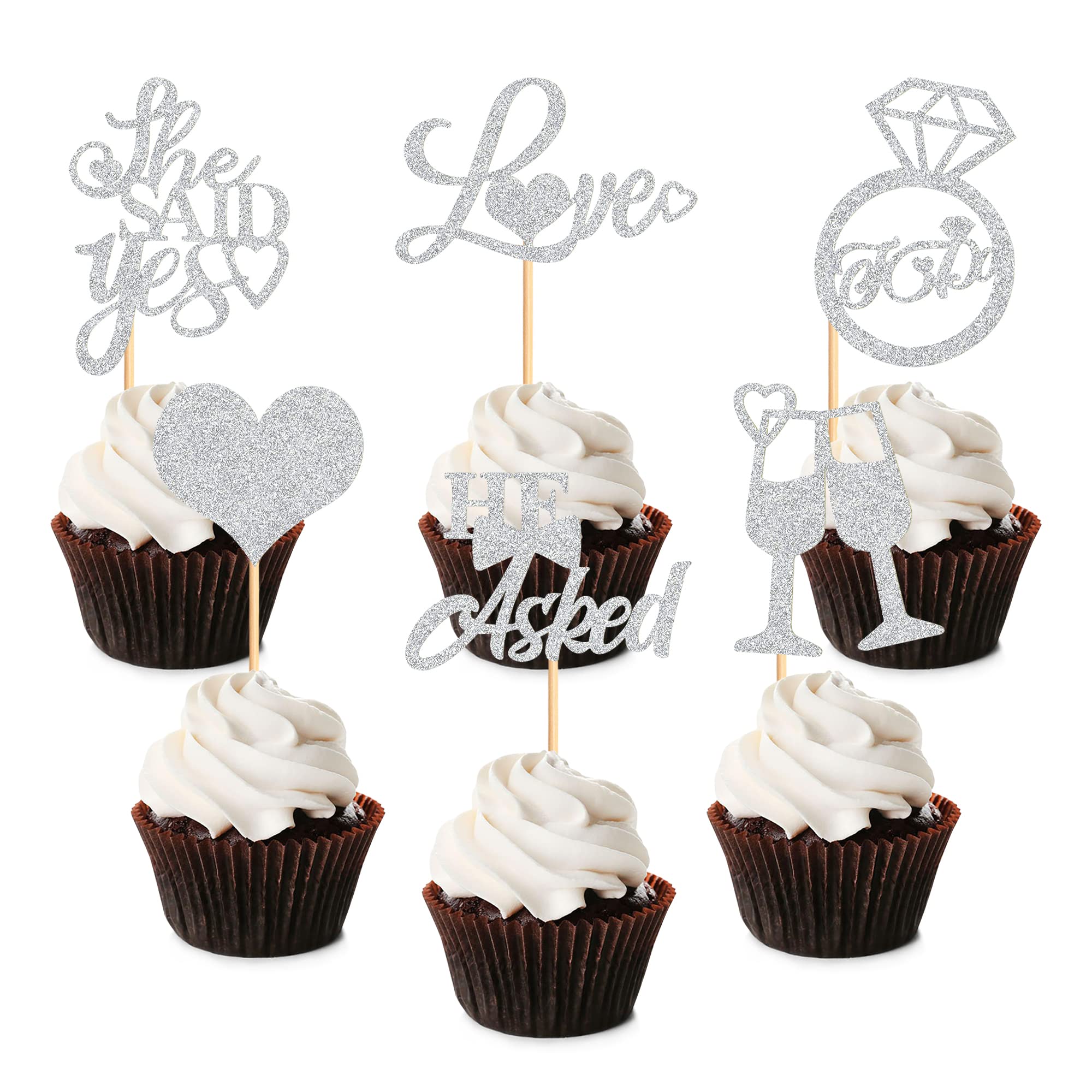 Blumomon 24Pcs He Asked She Said Yes Cupcake Toppers Silver Glitter Heart Ring Cupcake Picks I Do Cake Decorations for Bridal Shower Wedding Engagement Theme Party Supplies
