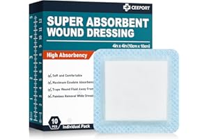 CEEPORT Super Absorbent Wound Dressing [4" X 4", 10 Pcs] Non-Stick Gauze Pads, Wound Care Supplies for Pressure Ulcers, 1st/2nd Degree Burns, Surgical Dressing, Drainage and Fast Healing