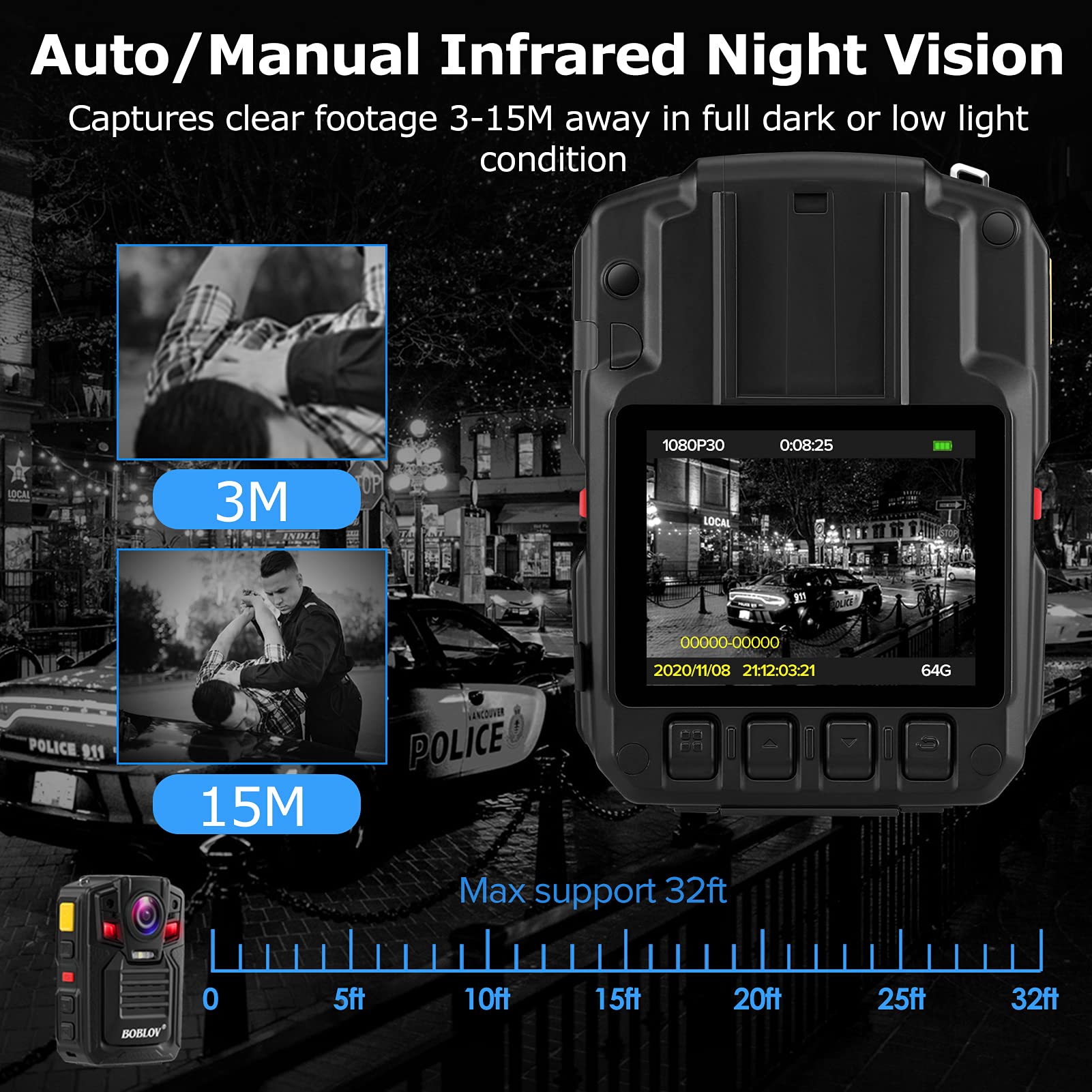 BOBLOV HD66/D7 2K 1440P Body Worn Camera, 2 Batteries with Dock, IP67 1440P Outdoor Body Camera Audio & Video Recorder 170° Wide Angle IR, with 360° Rotation Clip (64GB)
