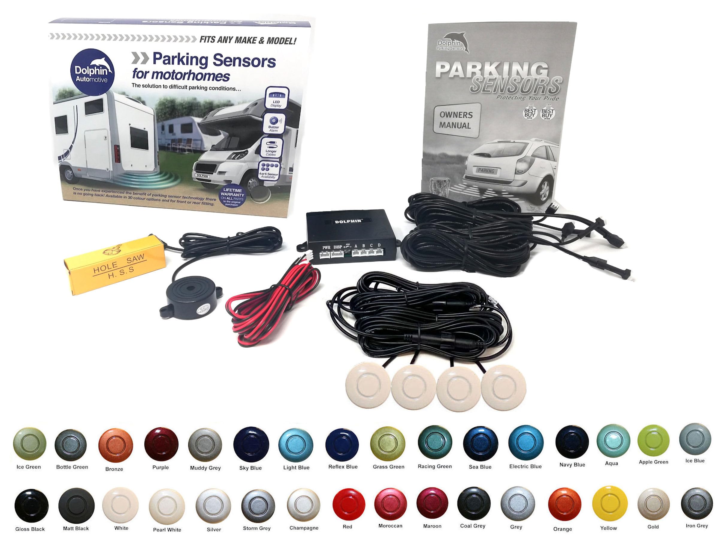 Dolphin Automotive MPS400 Motorhome Camper Van RV Reverse Parking Sensors WIth Audio Buzzer Black, Silver,White, Grey (White)