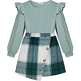 Arshiner Girls Skirt Sets Ruffle Sleeve Top and Plaid Mini Skirt 2 Piece Fall Winter Outfits for Kids