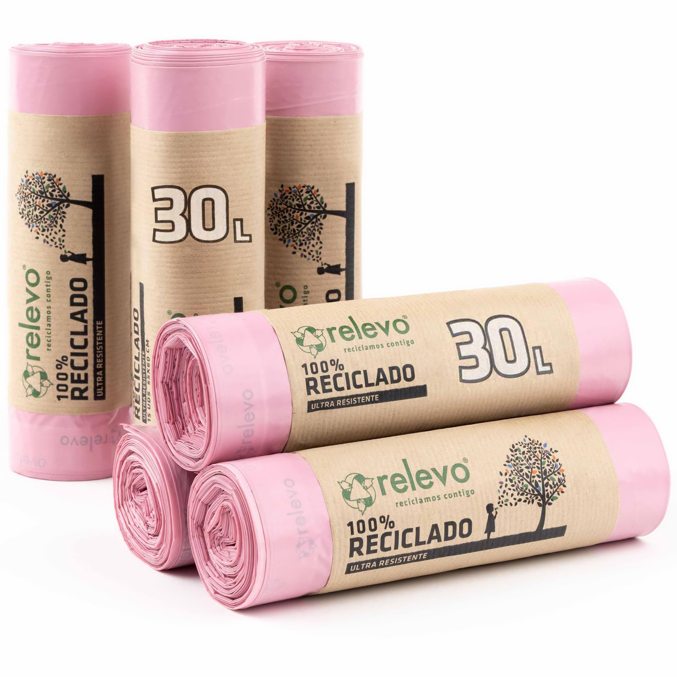 Relevo Pink Drawstring Bin Bags - 30L (Width 55 cm x Height 60 cm), 90 Bags (6 Rolls × 15 Bags) | Scented & Extra Strong | 100% Recycled LDPE from Greenhouses | Made in Spain – Blue Angel Certified
