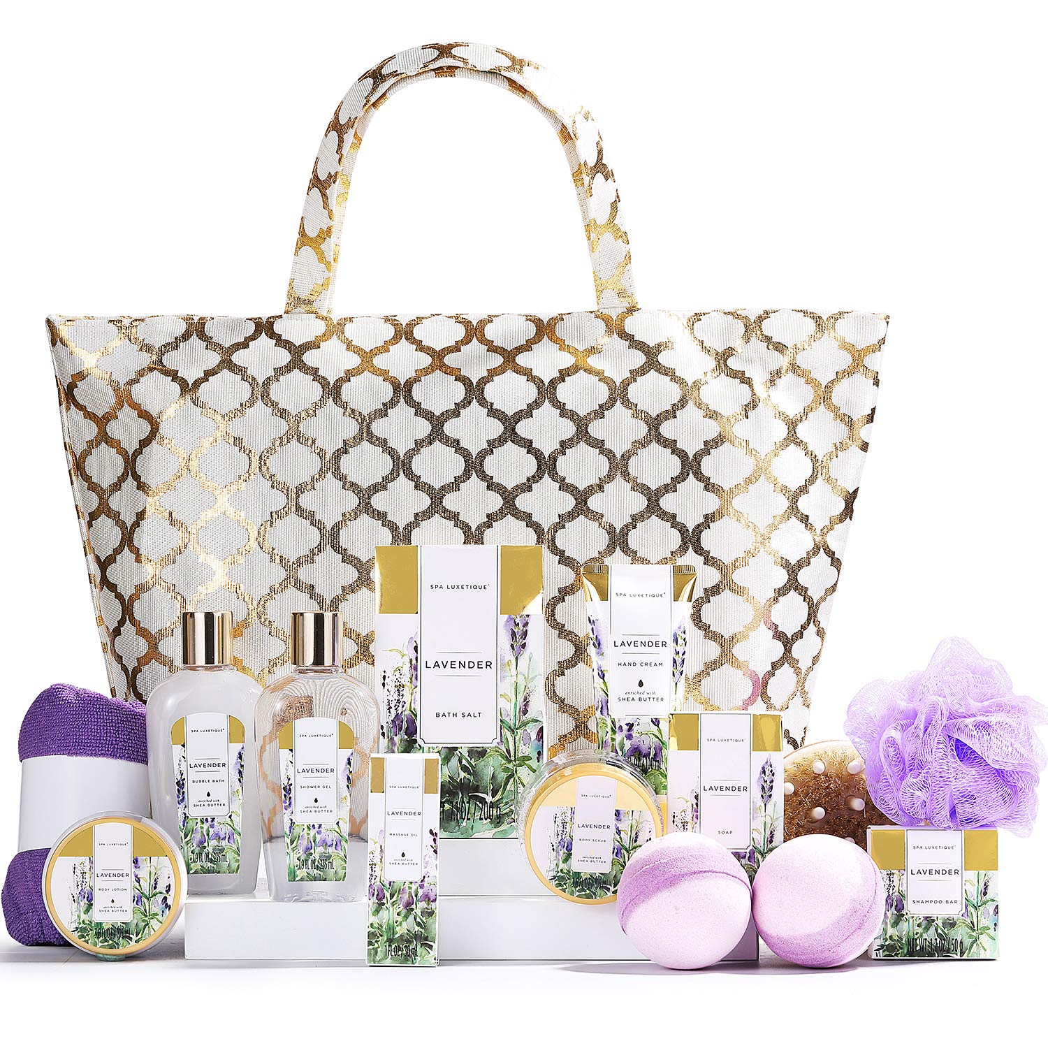 Spa Luxetique Spa Gift Basket, Gift Set for Women - 15pcs Lavender Spa Baskets, Relaxing Spa Kit Includes Bubble Bath, Bath Bombs, Massage Oil, Bath Set for Women Gifts, Best Gifts for Women.