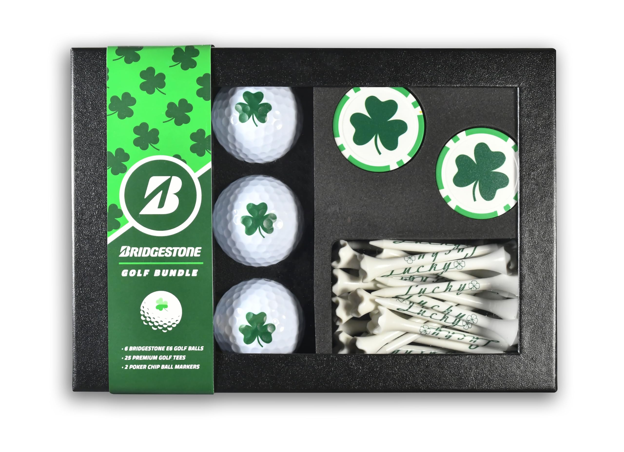PrideSports Bridgestone Golf Gift Pack – e6 Golf Balls, Pride Performance Tees, and Poker Chips (Shamrock)